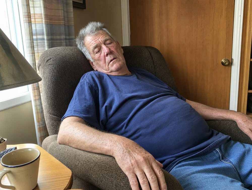 A man in his seventies sitting back in an armchair in the middle of the afternoon