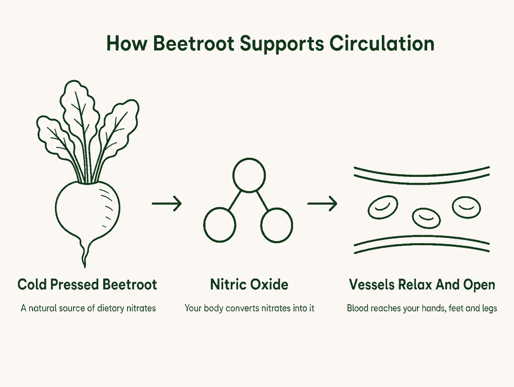 How beetroot supports circulation: cold pressed beetroot, then nitric oxide, then vessels relax and open