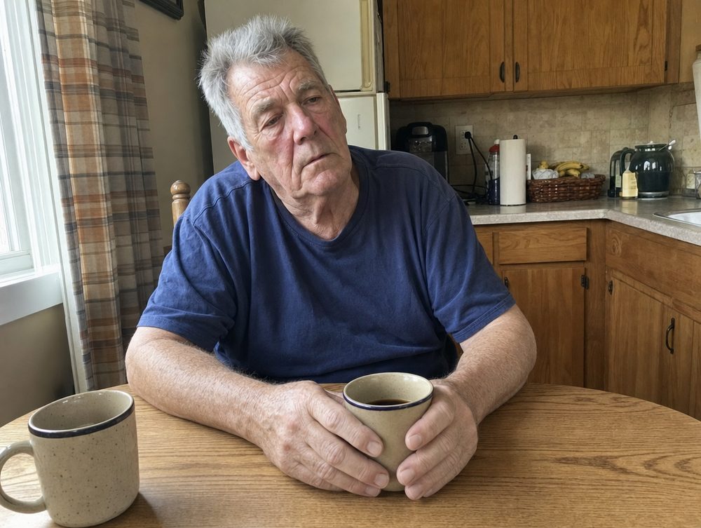 Sitting at the kitchen table with a mug of coffee in the middle of the afternoon