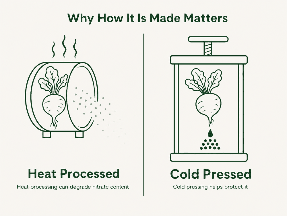 Heat processing can degrade nitrate content; cold pressing helps protect it