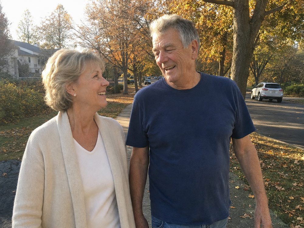 Laughing with his wife on a walk along the sidewalk on an autumn afternoon