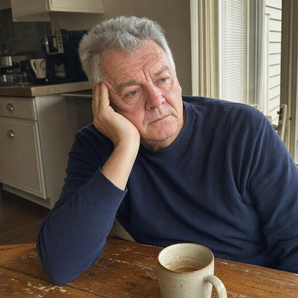 Worn out at the kitchen table in the middle of the afternoon with a cold cup of coffee
