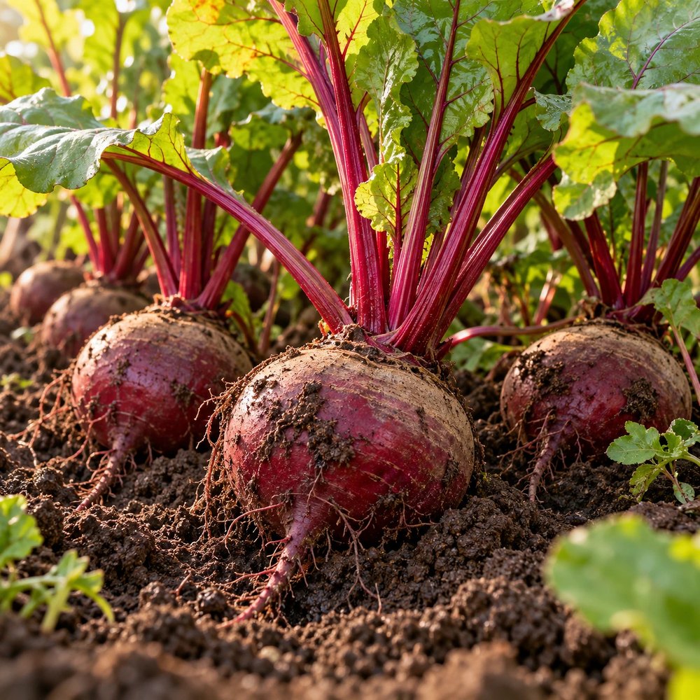 Fresh beetroots growing in the soil, leaves and roots intact