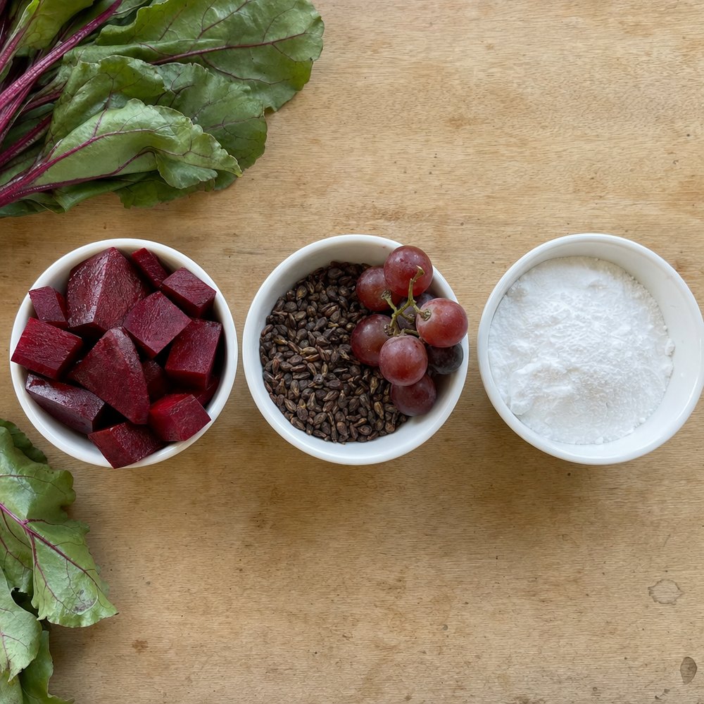 Cold-pressed beetroot, grape seed and calcium in three bowls