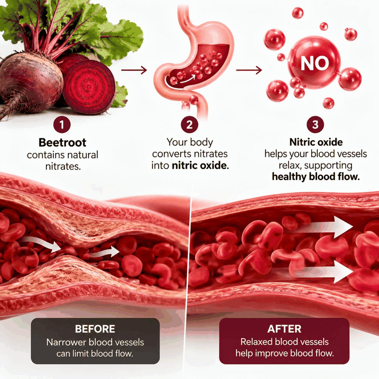Blood cells creep slowly through the narrowed vessel on the left and stream quickly through the relaxed vessel on the right