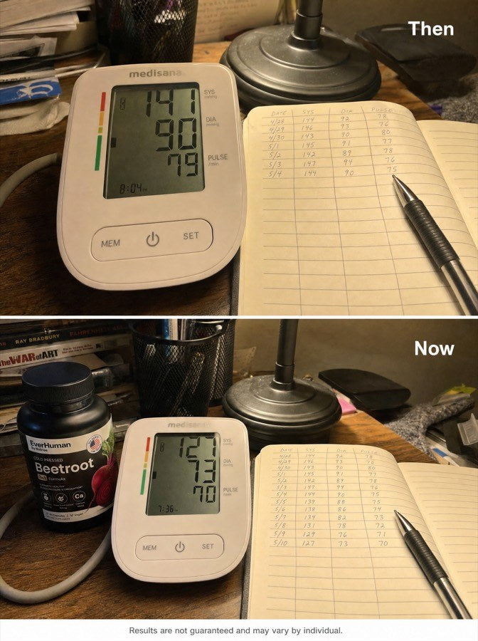 Two photographs of the same home blood pressure monitor beside a handwritten reading log, labelled Then and Now