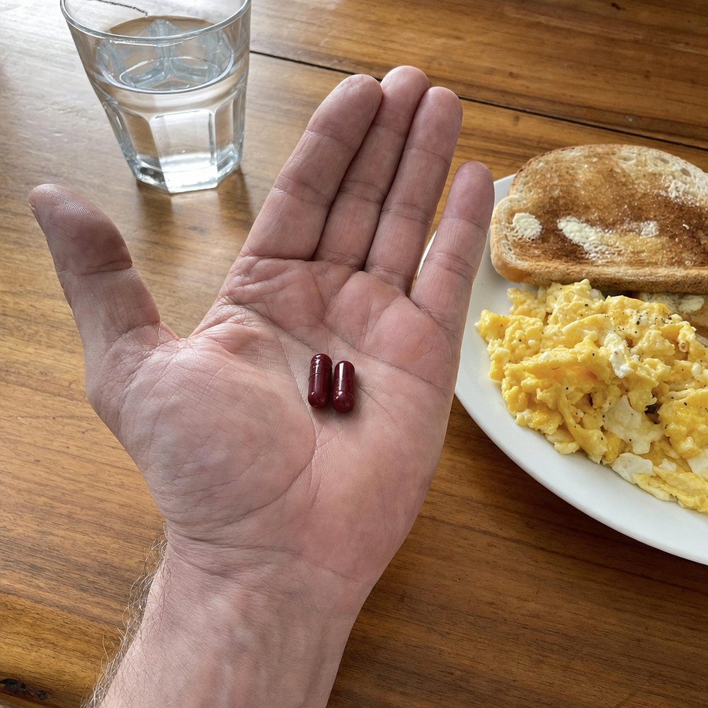 Two capsules in an open palm above a breakfast plate