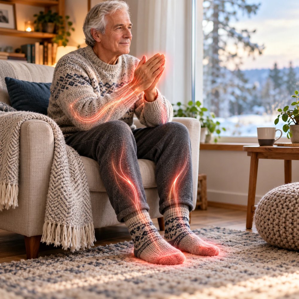An older man warming his hands in an armchair, with circulation traced through his arms, legs and feet