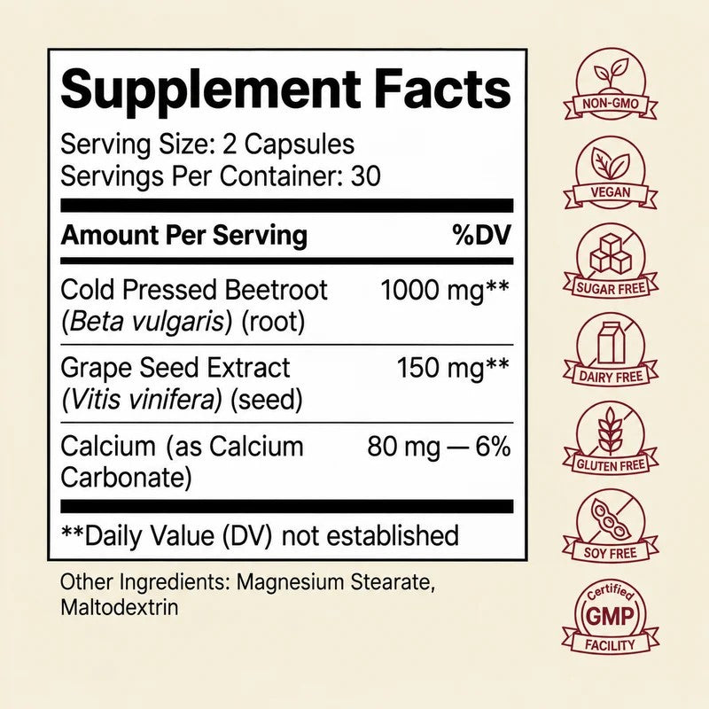 EverHuman Supplement Facts panel: 1,000 mg cold pressed beetroot, 150 mg grape seed extract, 80 mg calcium, with non-GMO, vegan, sugar free, dairy free, gluten free, soy free and GMP facility badges