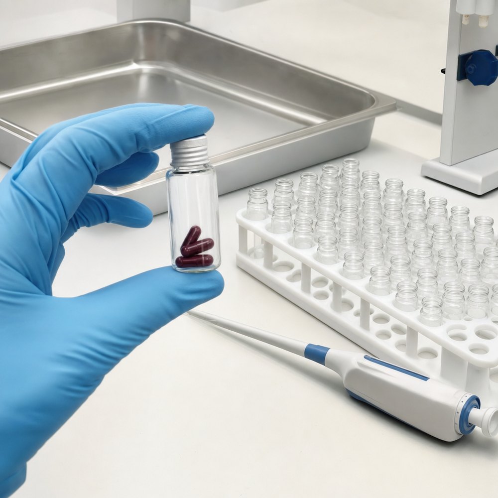 A gloved hand holding a sample vial of capsules on a laboratory bench