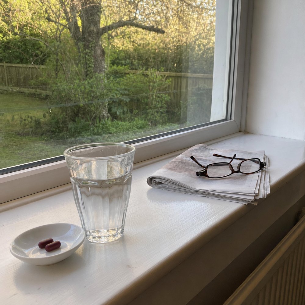 Two capsules in a small dish beside a glass of water on the kitchen windowsill