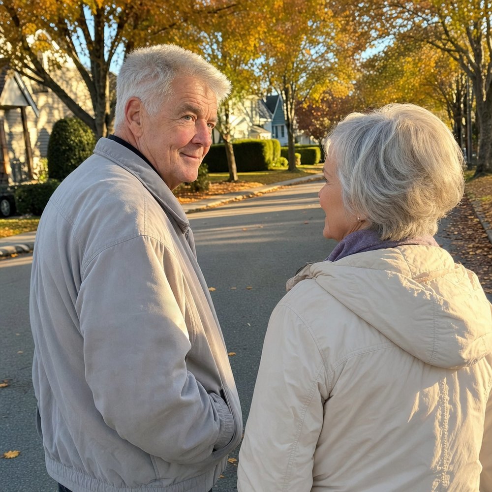 Walking with his wife on a quiet street in the late afternoon